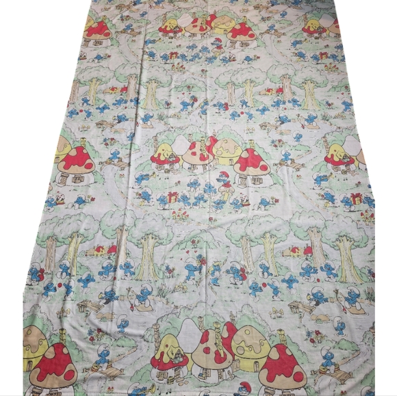 Vintage 1980s "Smurf Village " Twin Flat Bed Sheet Fabric - Picture 2 of 10